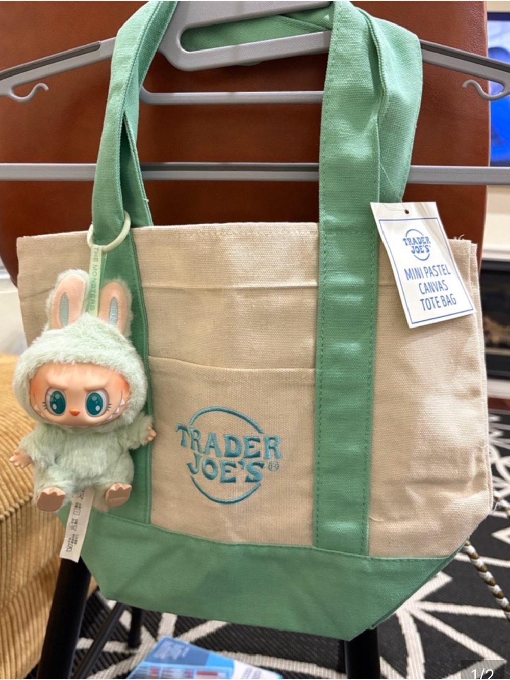 NWT Trader Joe's Mini Pastel Canvas Tote Bag in Mint Green